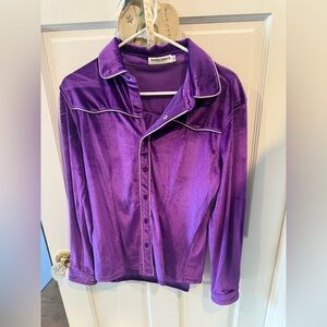 Purple Velvet Button-Up Shirt with White Piping